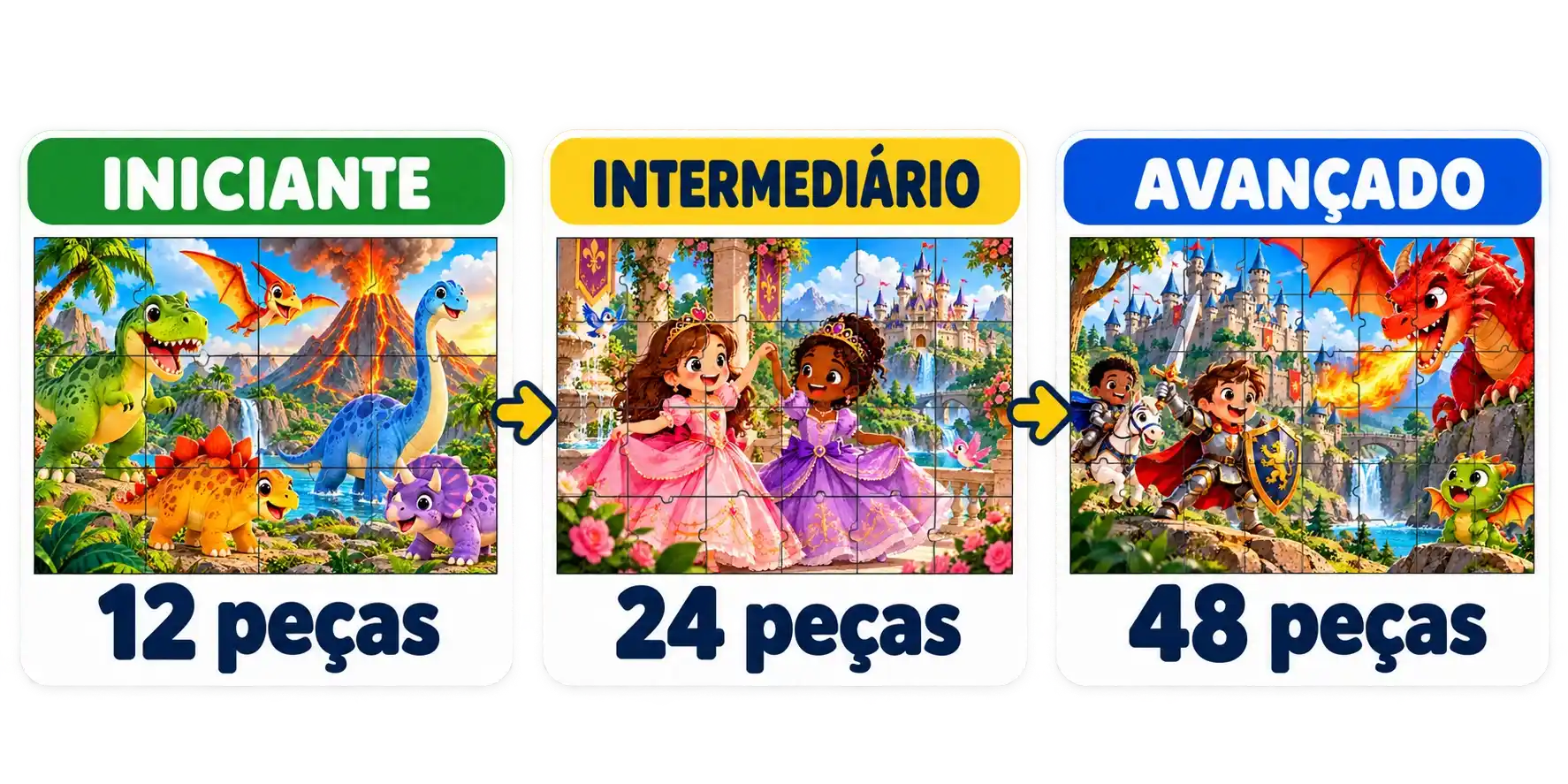 Níveis de quebra-cabeça para imprimir em PDF: iniciante com 12 peças, intermediário com 24 e avançado com 48