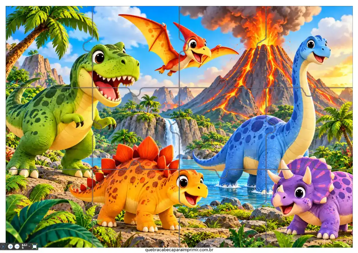 Quebra-cabeça de dinossauros para imprimir em PDF — iniciante, 12 peças