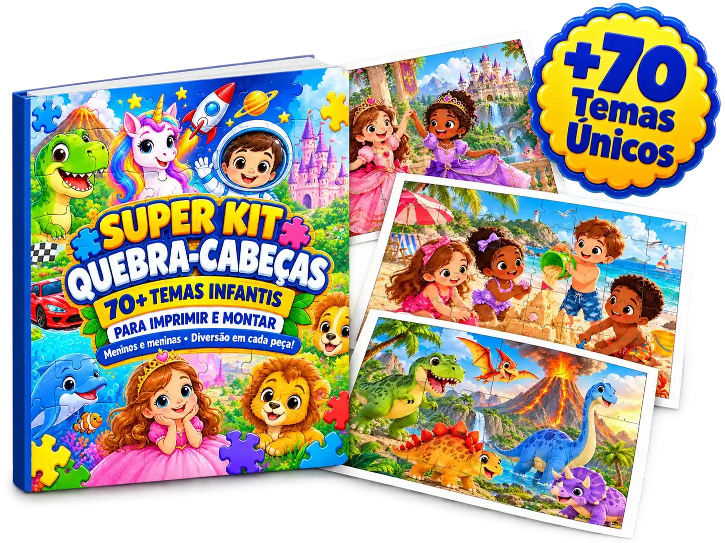 Super Kit Quebra-Cabeças para imprimir em PDF: capa, exemplos de atividades e selo com mais de 70 temas únicos