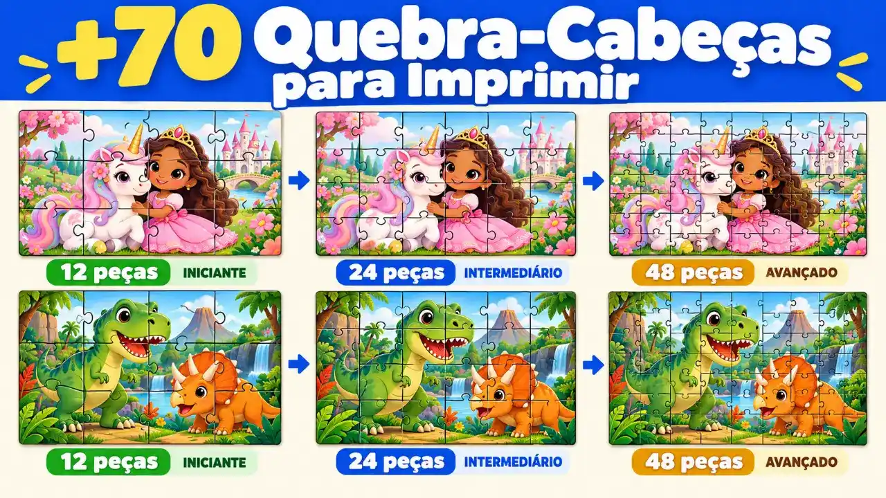 Quebra cabeça para imprimir PDF: +70 Peças para recortar e montar